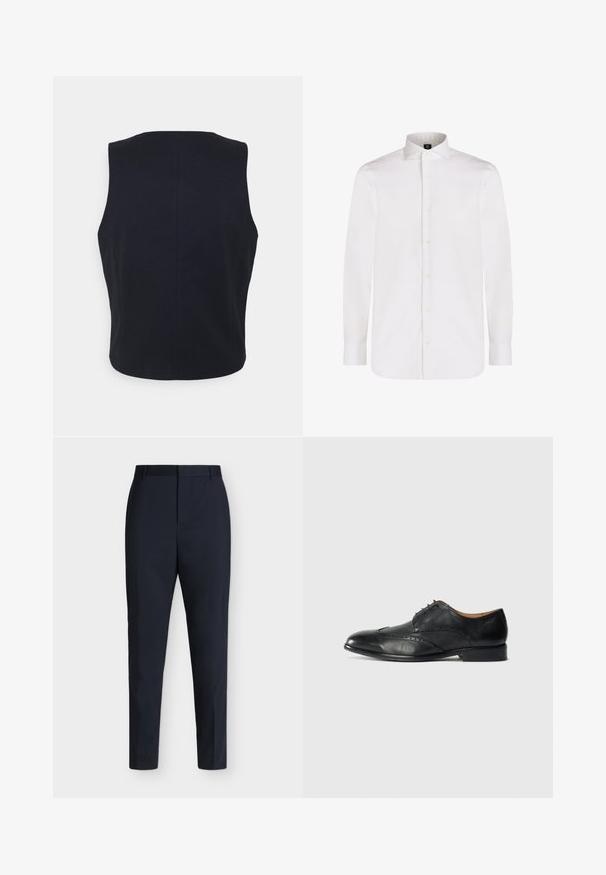 Mouwloze top, effen marineblauwe kleur, gemaakt van een zachte stof. Heeft een ronde halslijn en een strakke, minimalistische uitstraling zonder zichtbare hardware.; Witte langslavige shirt van zachte stof met een button-down kraag en parelmoeren knopen, met een klassieke pasvorm en manchet details.; Marineblauwe slim-fit formele broek met riemlussen en een verborgen vooraan sluiting, plat neergelegd op een effen lichte achtergrond.; Zwarte leren herenschoen met brogue-details en veters, weergegeven in rechtse zijaanzicht op een witte achtergrond.