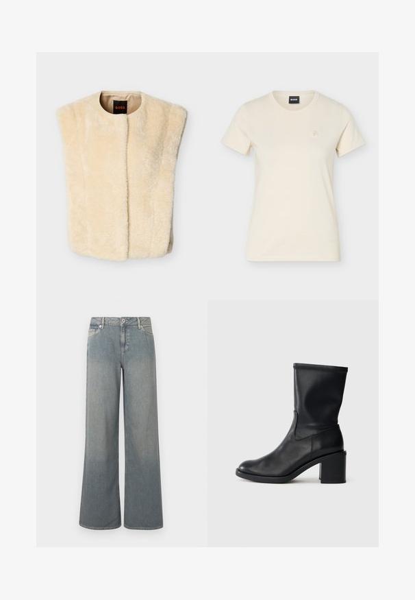 Veste sans manches en fausse fourrure crème avec un col rond, une ouverture à l'avant, et sans manches. Texture douce et doublure intérieure lisse. Étiquette de la marque visible.; T-shirt à manches courtes couleur crème, col rond, avec petit logo brodé sur le côté gauche de la poitrine et étiquette noire "BOSS" à l'intérieur du col.; Jean large coupe large délavé clair en denim, doté d'un design classique à cinq poches, d'une fermeture éclair et bouton, avec des accents d'ourlet effiloché.; Botte en cuir noir à cheville avec un bout rond, texture lisse et un talon épais, présentant un tige ajustée et un subtil détail de couture.