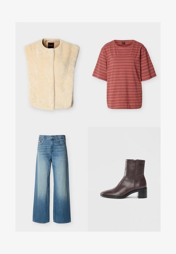 Veste sans manches en fausse fourrure crème avec un col rond, une ouverture à l'avant, et sans manches. Texture douce et doublure intérieure lisse. Étiquette de la marque visible.; T-shirt à manches courtes couleur rouille avec de fines rayures horizontales blanches et un petit logo brodé sur le côté gauche de la poitrine.; Jean en denim bleu à jambes larges avec un délavage clair estompé sur l'avant des cuisses, des poches avant, des passants de ceinture, et une fermeture par bouton.; Bottine en cuir marron foncé avec un orteil carré, un talon bloc et un logo embossé subtil près du haut sur fond blanc uni.