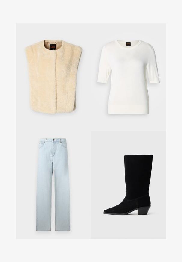 Veste sans manches en fausse fourrure crème avec un col rond, une ouverture à l'avant, et sans manches. Texture douce et doublure intérieure lisse. Étiquette de la marque visible.; Pull tricot blanc à manches courtes avec encolure ronde, ourlet et poignets côtelés, présentant un petit logo sur le bas côté gauche.; Jean large bleu clair avec taille haute, poches avant et fermeture à bouton. Texture en denim lisse, décoloration minimale, design de jambe droite.; Bottine en daim noir avec un bout pointu, tige de hauteur moyenne et un talon épais. Présente des coutures minimales et une texture lisse.