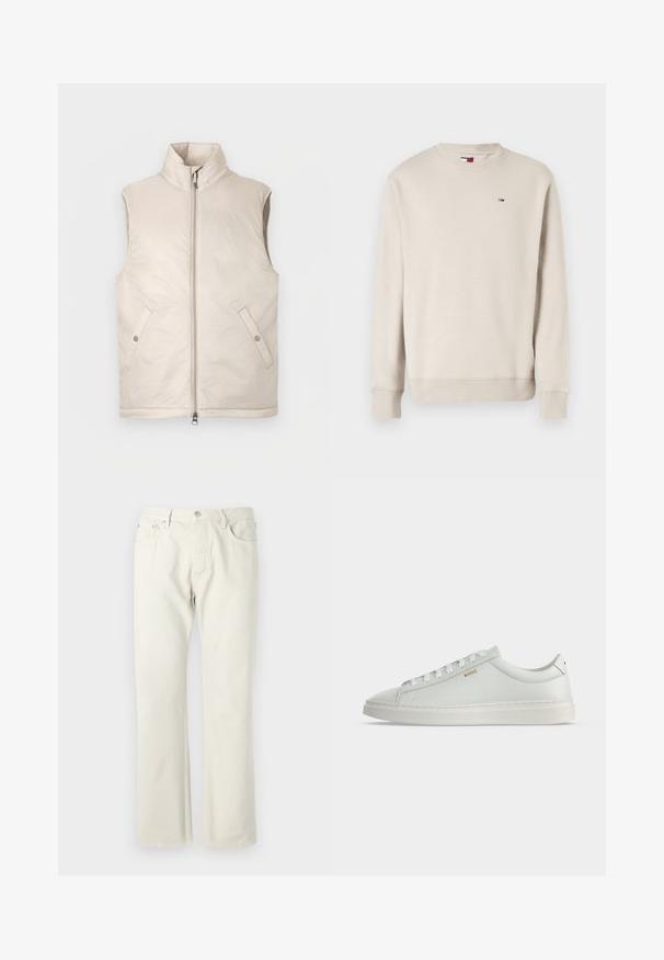 Chaleco acolchado sin mangas en color beige con cuello alto, cremallera frontal y dos bolsillos laterales, con una textura suave y diseño minimalista.; Sudadera beige de manga larga con cuello redondo, con puños y dobladillo de canalé, que presenta un pequeño logo de bandera roja, blanca y azul en el pecho.; Vaqueros rectos color beige claro, fabricados en denim de algodón. Cuentan con bolsillos, un cierre clásico de botón y una textura sutil sin patrones.; Zapatilla blanca de cuero de corte bajo con cordones, suela plana y pequeño logo dorado "BOSS" en el lateral, vista desde el lado exterior.