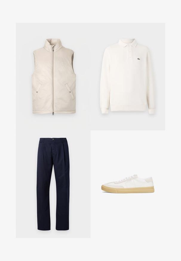 Beige mouwloze puffer-vest met een hoge kraag, ritssluiting aan de voorkant en twee zijzakken, met een gladde textuur en minimalistisch design.; Lange mouwen polo shirt in lichtroomcreme met een textuurgebreide stof, voorzien van een drie-knoopsluiting en een groene geborduurde logo op de borst.; Marineblauwe broek gemaakt van stof met een gladde textuur, met rechte pijpen, een knoopsluiting en een enkele voorplooien.; Witte sneakers van leer en suède, met een vetersluiting, een tan rubberen zool en een klein logo aan de zijkant.