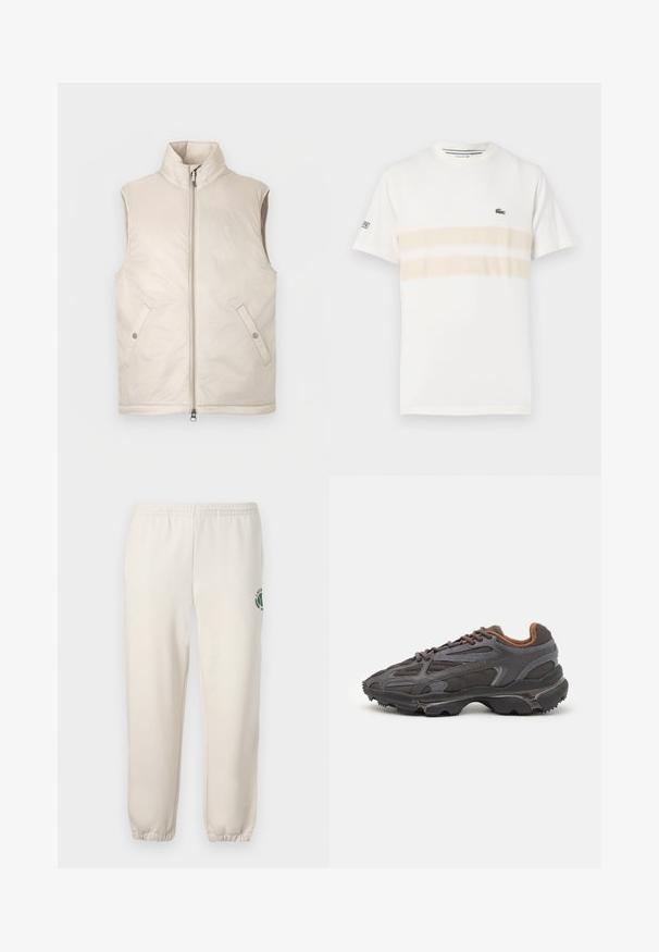 Chaleco acolchado sin mangas en color beige con cuello alto, cremallera frontal y dos bolsillos laterales, con una textura suave y diseño minimalista.; Camiseta de algodón blanca con dos franjas horizontales beige, pequeño logo bordado en el pecho y cuello redondo. Mangas cortas.; Pantalones de chándal de color beige claro, hechos de algodón, con una cinturilla elástica, puños acanalados y un logo verde con diseño de hoja en la pierna izquierda.; Zapatillas Lacoste en gris oscuro con material de malla y sintético, que cuentan con una suela texturizada y detalles en marrón en el cuello y la marca.