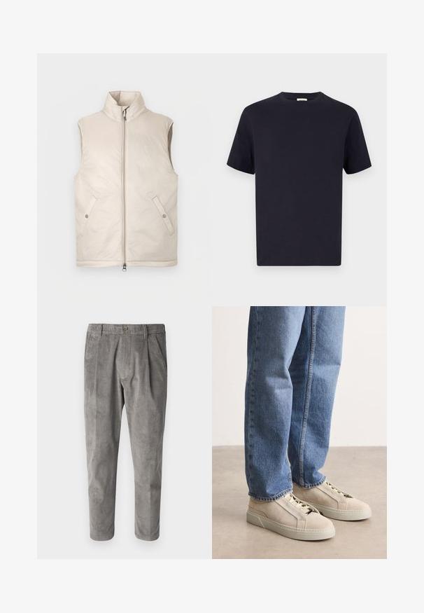 Beige-värinen, sleeveless toppaliivi, jossa on korkea kaulus, vetoketju edessä ja kaksi sivutaskua. Liivissä on sileä pinta ja minimalistinen muotoilu.; T-paita tummansinisestä puuvillasta, jossa on pyöreä pääntie, lyhyet hihat ja rento istuvuus; sileä kangas; ei näkyviä kuvioita tai varusteita.; Harmaat corduroy-housut, joissa on teksturoitu pystyraitakuosi, napitettu sulku ja kaksi sivutaskua. Sporttinen istuvuus ja lyhennetty pituus.; BOSS GARYTENN_SDHDEL - Matalavartiset tennarit - natural ten