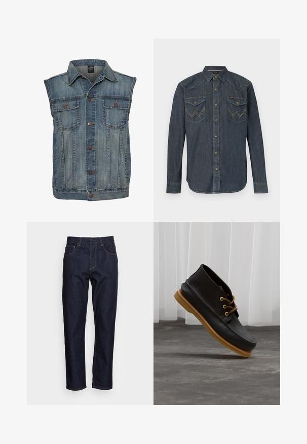Faded sinine denimpusa, varrukateta disainiga. Omab kahte rinna taskut, metallnuppe ja kraed. Tekstureeritud kangas.; Tumesinise lõnga pikkade varrukatega särk rõhknappidega, terava kraega ja kahe esiklapiga taskuga, millel on õmmeldud "W" mustrid.; Tumed sinine teksariidest püksid otse lõikega, viie taskuga ja kontrastset kollast õmblust. Klassikalise nööbi ja luku sulgemisega.; Mustad nahast kingad sileda viimistlusega, ümarate varvastega, pruunide nööpidega ja heledate pruunide kummitaldadega. Logoga embosseeritud küljele.