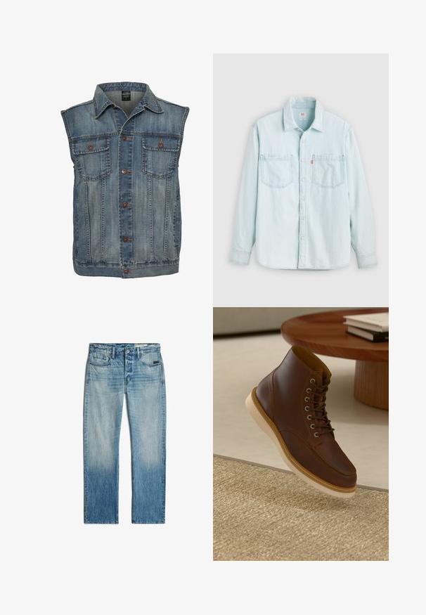 Denim vest in vervaagde blauwe kleur met een mouwloos ontwerp. Voorzien van twee borstzakken, metalen knopen en een kraag. Gelaagd stof.; Lichtblauw denim overhemd met lange mouwen, knopen aan de voorkant, twee borstzakken en een kraag, afgebeeld tegen een effen lichte achtergrond.; Lichtblauwe rechte jeans met knoop- en ritssluiting aan de voorkant, vijf zakken en subtiele vervaging op de dijen en knieën.; Bruine leren enkelboot met beige zool op een gestructureerd beige vloerkleed naast een ronde houten tafel met opgestapelde boeken.