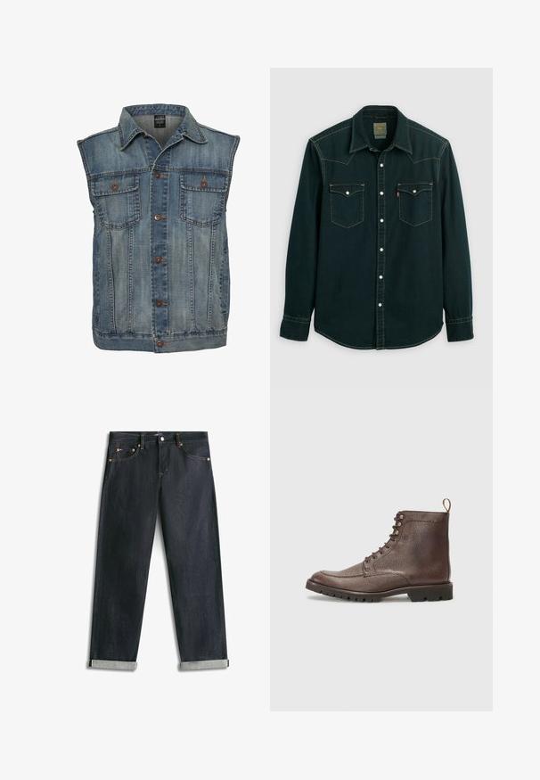 Faded sinine denimpusa, varrukateta disainiga. Omab kahte rinna taskut, metallnuppe ja kraed. Tekstureeritud kangas.; Tumedast rohelisest denimpurust valmistatud nööbisärk, millel on kaks rinna taskut nööbist ja kontrastne kollane õmblus ning klassikaline krae.; Tumedad sinist teksapüksid keeratud äärega, viie tasku ja kontrastõmblusega, asetatud tasapinnale valgel taustal.; Hackett London SLOANE APRON - Nööritavad poolsaapad - dark mocca brown