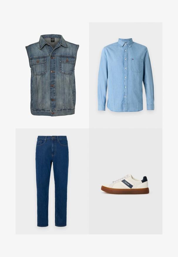 Chaleco de mezclilla en azul deslavado con un diseño sin mangas. Presenta dos bolsillos en el pecho, botones de metal y un cuello. Tejido texturizado.; Camisa de mezclilla azul claro con botones, cuello, mangas largas y un bolsillo en el pecho. Presenta un pequeño logo en el bolsillo.; Vaqueros de mezclilla en azul oscuro con corte de pierna recta, que cuentan con cierre de cremallera, botón, cinco bolsillos y detalles de costuras en contraste.; Zapatillas de cuero blancas con acentos en marino, que presentan una franja del logo en marino, cordones grises y una suela de goma marrón. Diseño minimalista.