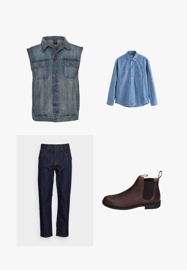 Chaleco de mezclilla en azul deslavado con un diseño sin mangas. Presenta dos bolsillos en el pecho, botones de metal y un cuello. Tejido texturizado.; Camisa azul de chambray de manga larga con botones al frente y dos bolsillos en el pecho, desplegada sobre un fondo blanco.; Vaqueros de mezclilla azul oscuro con corte recto, cinco bolsillos y costuras amarillas en contraste. Diseñados con un cierre clásico de botón y cremallera.; Blundstone CHESTNUT - Botines - braun kastanienbraun