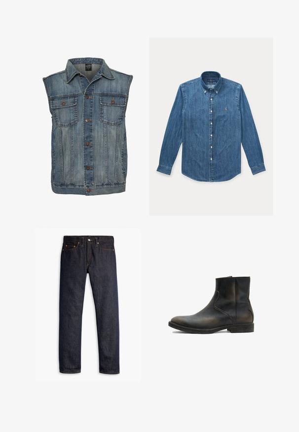 Denim vest in vervaagde blauwe kleur met een mouwloos ontwerp. Voorzien van twee borstzakken, metalen knopen en een kraag. Gelaagd stof.; Blauw denim overhemd met lange mouwen, knopen, kraag en klein geborduurd logo op de linkerborst.; Donkerblauwe spijkerbroek met een rechte pasvorm, vijf zakken, koperen klinknagels, gele stiksels en een duidelijke textuur in de stof.; AllSaints LANG - Lage laarzen - brown