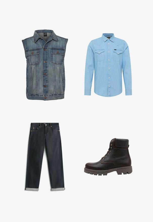 Chaleco de mezclilla en azul deslavado con un diseño sin mangas. Presenta dos bolsillos en el pecho, botones de metal y un cuello. Tejido texturizado.; Camisa de mezclilla azul claro de manga larga con cierre de botones, dos bolsillos en el pecho con botones, cuello puntiagudo y pequeño logo de Lee en el bolsillo izquierdo.; Vaqueros de mezclilla azul oscuro con puños enrollados, cinco bolsillos y costuras de contraste, extendidos planos sobre un fondo blanco.; Panama Jack CODY - Botines con cordones - brown