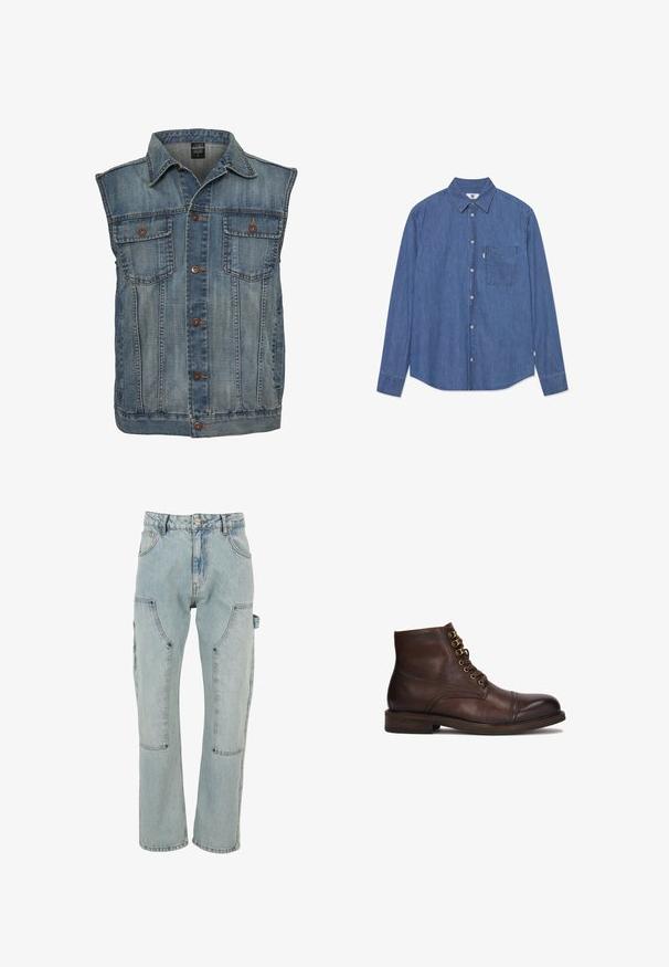 Chaleco de mezclilla en azul deslavado con un diseño sin mangas. Presenta dos bolsillos en el pecho, botones de metal y un cuello. Tejido texturizado.; WOOD WOOD WWADRIAN - Camisa - medium blue denim; Pantalones cargo de mezclilla azul claro con múltiples bolsillos, ajuste holgado y costuras resistentes. Presentan un cierre de botón y un diseño de pierna ancha.; Kazar CYMONN - Botines con cordones - brown