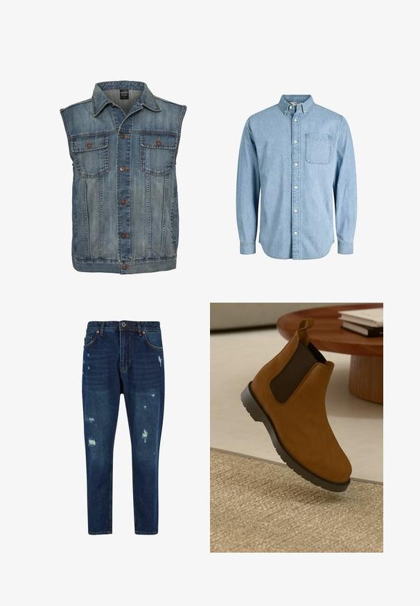 Chaleco de mezclilla en azul deslavado con un diseño sin mangas. Presenta dos bolsillos en el pecho, botones de metal y un cuello. Tejido texturizado.; Camisa de mezclilla azul claro con botones, manga larga, cuello, bolsillo delantero y una textura sutil. Cuenta con botones blancos a lo largo de la tapeta.; Vaqueros de mezclilla azul oscuro con un ajuste relajado, que presentan parches desgastados y un ligero desvanecimiento, diseño estándar de cinco bolsillos con herrajes de cobre.; Botas Chelsea de cuero marrón con paneles laterales de elasticidad negra, punta redondeada, suela de goma texturizada y una pequeña tirador en la parte trasera.