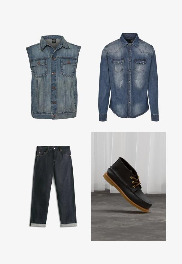 Chaleco de mezclilla en azul deslavado con un diseño sin mangas. Presenta dos bolsillos en el pecho, botones de metal y un cuello. Tejido texturizado.; Camisa de mezclilla en azul oscuro con cuello clásico, mangas largas, dos bolsillos en el pecho, textura desgastada y cierre frontal de botones.; Vaqueros de mezclilla azul oscuro con puños enrollados, cinco bolsillos y costuras de contraste, extendidos planos sobre un fondo blanco.; Zapatos de cuero negro con un acabado suave, punta redonda, cordones marrones y suelas de goma marrón claro. Logo embossado en el costado.