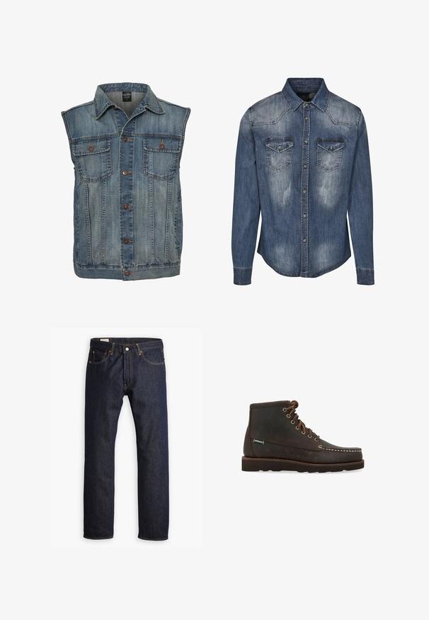 Veste en jean bleu décoloré avec un design sans manches. Elle dispose de deux poches poitrine, de boutons en métal et d'un col. Tissu texturé.; Chemise en denim bleu foncé avec un col classique, des manches longues, deux poches poitrine, une texture décolorée et un bouton-pression devant.; Jean en denim bleu marine présentant une coupe droite, des coutures orange et un style à cinq poches avec une fermeture à bouton en métal.; Sebago Bottines à lacets - marrone
