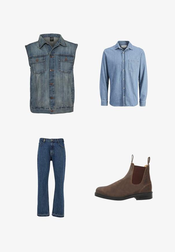 Denim vest in vervaagde blauwe kleur met een mouwloos ontwerp. Voorzien van twee borstzakken, metalen knopen en een kraag. Gelaagd stof.; Lichtblauwe denim overhemd met een button-down kraag, lange mouwen, een borstzak en een geborduurd logo op de zak.; Blauwe denim jeans met een rechte pijp, klassiek vijfzakdesign en metalen hardwareaccenten. Genaaid zoom met een licht vervaagde afwerking.; Bruine leren enkellaars met elastische zijpanelen, ronde neus en zwarte rubberen zool. Subtiele textuur en stiksels.