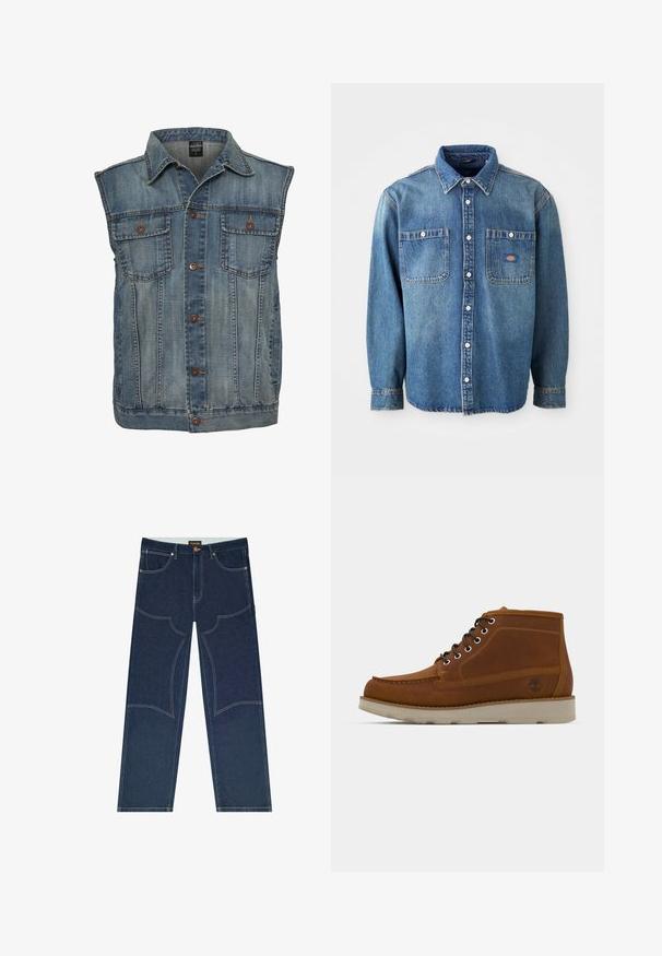 Faded sinine denimpusa, varrukateta disainiga. Omab kahte rinna taskut, metallnuppe ja kraed. Tekstureeritud kangas.; Keskmise sinise denimpusa, millel on terav krae, kaks rinna taskut ja hõbedased nupud. Pikad varrukad on nupuga varustatud mansettidega.; Tumed sinised teksapüksid tugevdatud põlvepaneelidega, viie tasku, kontrastse õmbluse ja vöökohal kinnituv nööbiga.; Pruun nahk mid-cut saapad ümmarguse varbaga, mustade paeltega ja tekstuurse pinnaga. Omab heledat tallat ja puu logosümbolit.