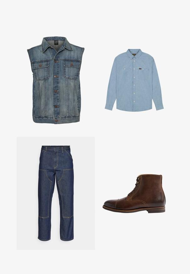 Denim vest in vervaagde blauwe kleur met een mouwloos ontwerp. Voorzien van twee borstzakken, metalen knopen en een kraag. Gelaagd stof.; Lichtblauw denim overhemd met lange mouwen, twee borstzakken en witte knopen, voorzien van een klassieke kraag en een Wrangler-merklabel.; Donkerblauwe denim jeans met een hoge taille, rechte pijpen, contrasterende stiksels en opgestikte zakken aan de voorkant.; Bruine leren enkellaars met een ronde neus, vetersluiting, contrasterende stiksels en een gladde afwerking. Platte zool en minimale accenten.