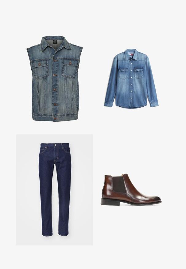 Faded sinine denimpusa, varrukateta disainiga. Omab kahte rinna taskut, metallnuppe ja kraed. Tekstureeritud kangas.; Helehall sinine teksapikkade varrukatega särk, millel on nööpidega eesmine osa, terav krae ja kaks rinnataskut nööpidega klappidega.; Tumedate sinise denimist püksid sirge lõikega, viie taskuga disain, kontrastsete oranžide õmblustega ja hõbedase nööpkinniotmisega vööl.; Pruun nahast pahkluu saapad elastsete külgpaneelidega, siledat viimistlust, õmblustega detaile ja madalat ristkülikukujulist kontsa.