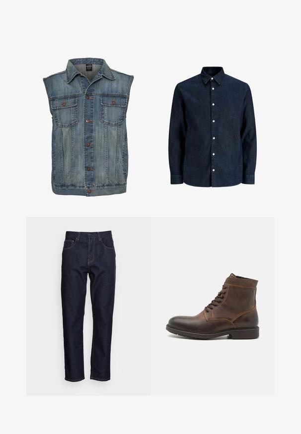Chaleco de mezclilla en azul deslavado con un diseño sin mangas. Presenta dos bolsillos en el pecho, botones de metal y un cuello. Tejido texturizado.; Camisa vaquera de manga larga en azul oscuro con botones blancos y cuello puntiagudo, mostrada sobre un fondo blanco.; Vaqueros de mezclilla azul oscuro con corte recto, cinco bolsillos y costuras amarillas en contraste. Diseñados con un cierre clásico de botón y cremallera.; Jack & Jones JFWDELANEY BOOT - Botines con cordones - cognac