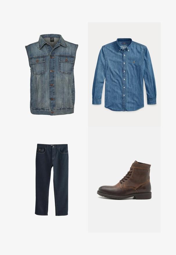 Denim vest in vervaagde blauwe kleur met een mouwloos ontwerp. Voorzien van twee borstzakken, metalen knopen en een kraag. Gelaagd stof.; Blauw denim overhemd met lange mouwen, kraag en klein geborduurd logo op de linkerborst naast de knopen.; Donkerblauwe denim spijkerbroek met een rechte pijp, voorzien van steekzakken aan de voorkant en subtiele stikseldetails. Gladde textuur, klassieke stijl.; Jack & Jones JFWDELANEY BOOT - Veterboots - cognac