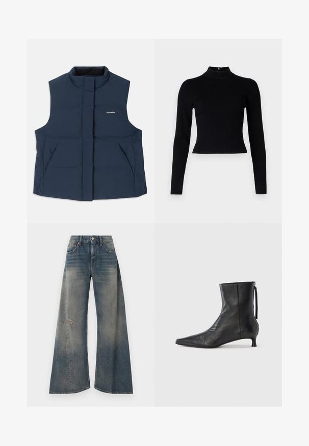 Gilet matelassé sans manches bleu marine avec un col haut, fermeture éclair sur le devant et deux poches latérales ; arbore un logo blanc "Holzweiler".; Pull-over noir à col roulé côtelé avec des manches longues et une silhouette ajustée, présentant une texture lisse et un zip au dos.; Jean en denim à jambes larges de couleur bleu délavé avec des zones usées. Il comprend cinq poches, une fermeture à boutons à l'avant et des coutures régulières partout.; Bottine en cuir noir à bout pointu, forme structurée et petit talon. Dispose d'une fermeture éclair latérale et d'un design minimaliste.