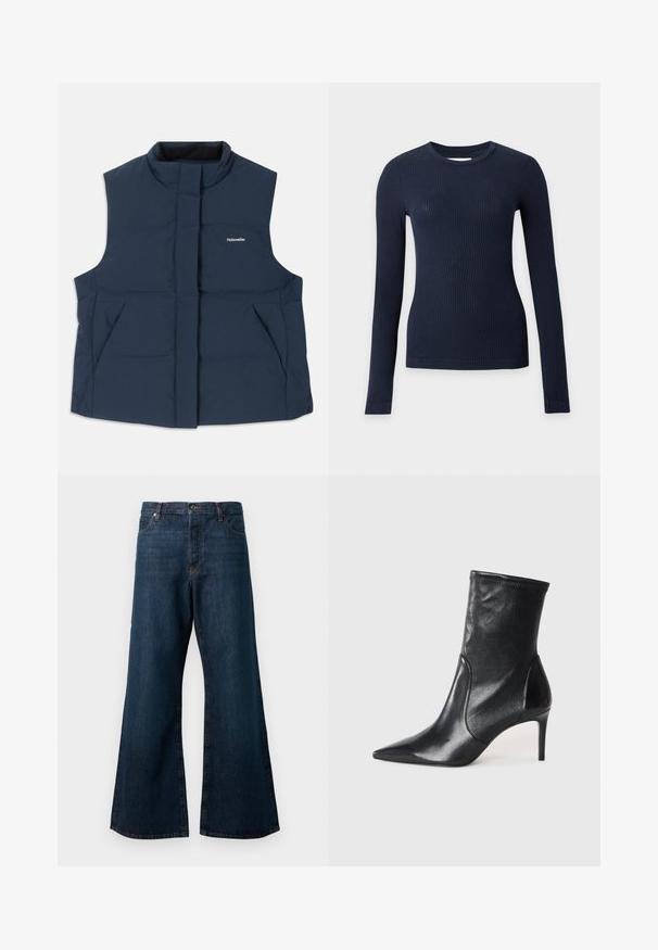Gilet matelassé sans manches bleu marine avec un col haut, fermeture éclair sur le devant et deux poches latérales ; arbore un logo blanc "Holzweiler".; Pull ajusté bleu marine côtelé à manches longues avec col rond sur fond gris clair.; Jean large en denim bleu foncé, avec une taille haute, un design à cinq poches et des coutures orange contrastantes le long des coutures.; Bottes noires à la cheville en cuir lisse, dotées d'un bout pointu, d'un tige ajustée et d'un talon haut fin. Design minimaliste sans quincaillerie visible.