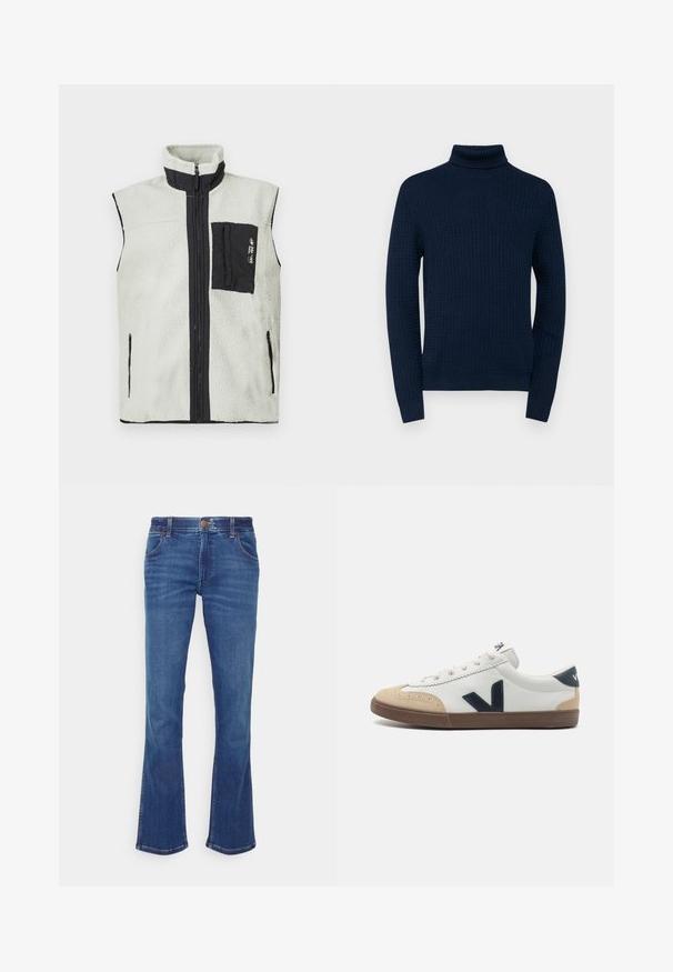 Hihaton fleece liivi, jossa on täysipitkä vetskari, musta rintatasku vasemmalla puolella ja mustat reunat vetskareissa sekä kauluksessa.; Navy turtleneck villapaita, jossa on teksturoitu kuvio, pitkät hihat sekä ribbaus kauluksessa ja hihoissa, valmistettu kevyestä neulomateriaaleista.; Siniset farkut, joissa on leveä lahje ja keskipitkä vyötärö. Ominaisuuksiin kuuluu viisi taskua, kontrastiväriset saumat ja nappikiinnitys. Sileä pinta.; Valkoiset nahkakengät, joissa on beigellä varvaskärki, tummansininen sivuttainen "V"-logo ja ruskea kumipohja. Varustettu ympyrälankarvoilla ja tekstuuripinnoilla.