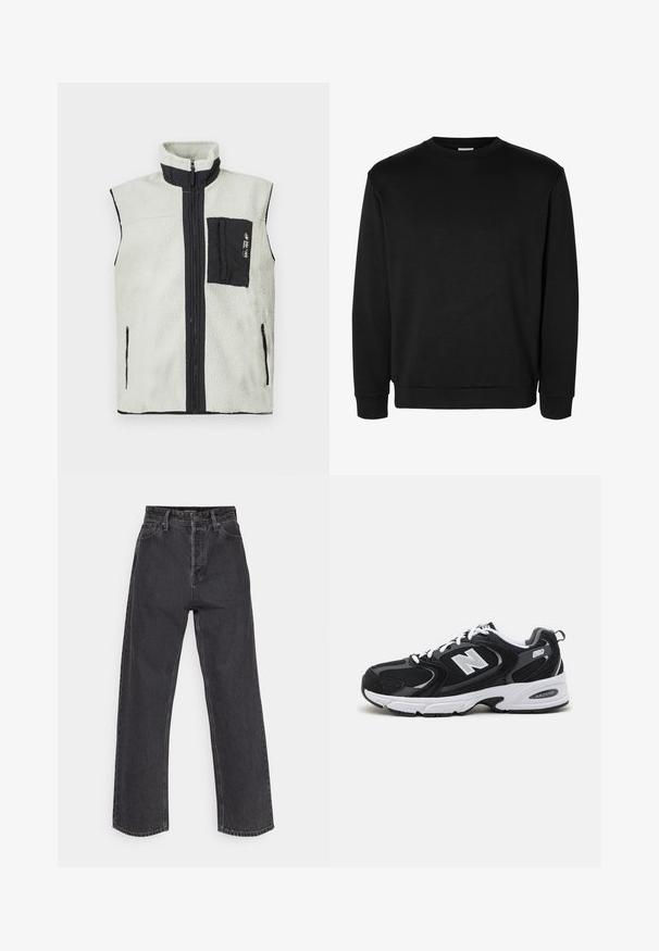 Gilet sans manches en polaire avec fermeture éclair sur le devant, poche poitrine noire sur le côté gauche, et bord noir autour des fermetures éclaires et du col.; Sweat-shirt noir à manches longues avec col rond, poignets et bas côtelés, design uni sans logos ni motifs visibles.; Jeans taille haute, jambe droite en denim gris foncé, avec un design classique à cinq poches et des coutures contrastantes sur les seams.; Baskets de sport noires et grises avec un tige en mesh et en suède, présentant une semelle intermédiaire blanche, des lacets et un logo "N" audacieux sur le côté.