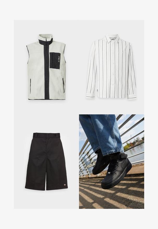 Hihaton fleece liivi, jossa on täysipitkä vetskari, musta rintatasku vasemmalla puolella ja mustat reunat vetskareissa sekä kauluksessa.; Valkoinen pitkähihainen nappikauluspaita, jossa on ohuita mustia pystyraitoja ja terävä kaulus, yksivärisellä taustalla.; Mustat puuvillahousut, suoralla leikkauksella, polvipituiset, joissa on näkyvä brändilogo helman kohdalla ja sileä pinta.; Mustat Nike Air Force 1 -kengät, joissa on nahkapäällinen, verkko kieli ja kumipohja. Kengissä on korkeakuppinen muotoilu ja paksut nauhat.