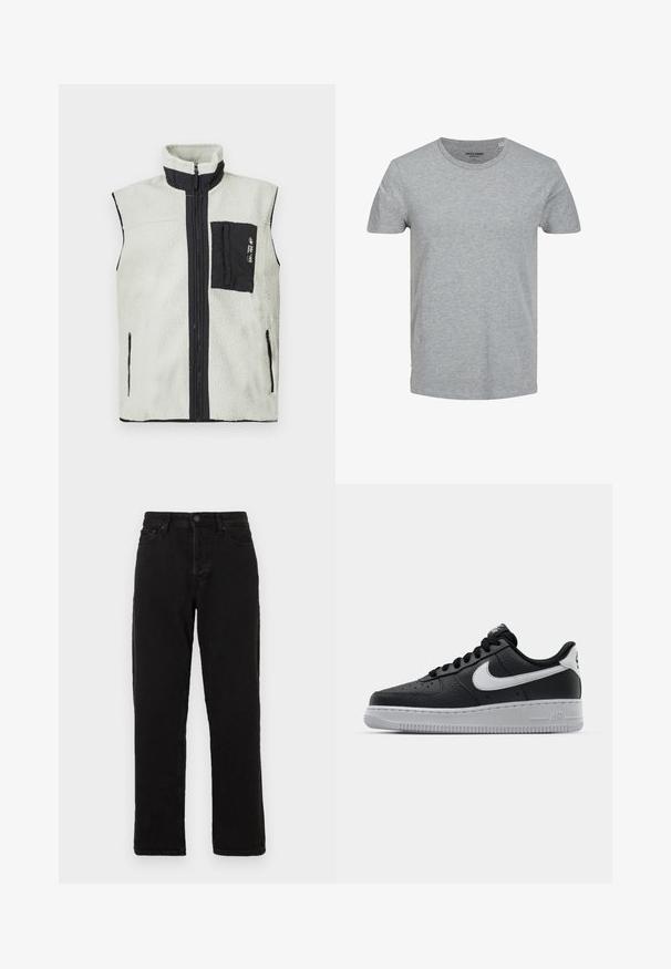 Chaleco de forro polar sin mangas con cremallera frontal completa, bolsillo negro en el pecho del lado izquierdo y ribetes negros alrededor de las cremalleras y el cuello.; Camiseta gris de manga corta hecha de suave algodón. Presenta un cuello redondo clásico y un corte regular. Diseño sencillo sin patrones ni acentos.; Jeans de mezclilla negra con un diseño de pierna recta, que cuentan con un cierre de botón, pasadores para cinturón y un estilo clásico de cinco bolsillos.; Zapatilla negra de cuero con superficie texturizada, logo de Nike en blanco, suela gris, puntera redonda y diseño de encaje. Presenta perforaciones en la puntera.
