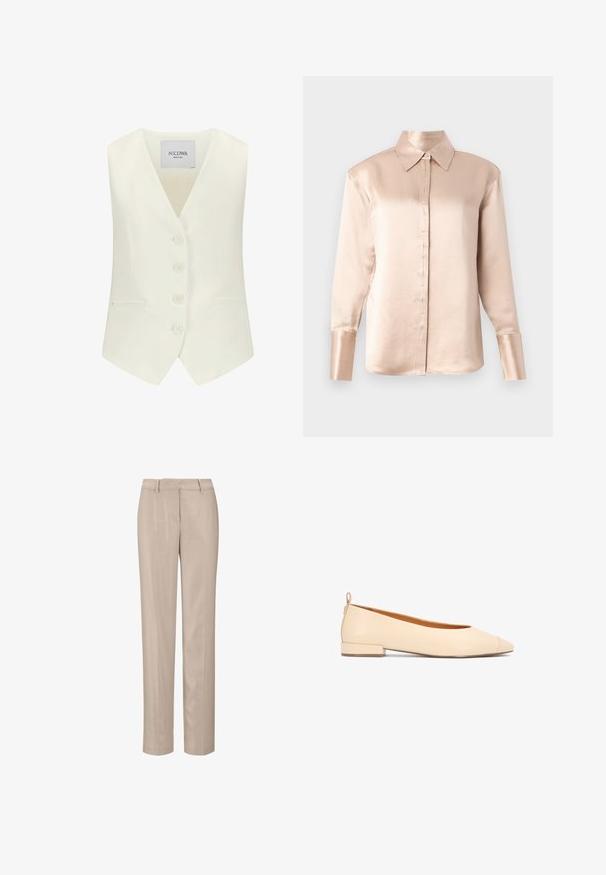 Witte mouwloze vest met een diepe V-hals, vijf knopen aan de voorkant, twee zijzakken en een getailleerde pasvorm, gemaakt van een gladde stof.; Satin blouse in zacht beige met een klassieke kraag, lange mouwen, knoopsluiting aan de voorkant en een licht oversized pasvorm. Gladde textuur, minimale details.; Beige op maat gemaakte broeken met een rechte pijp. Gemaakt van een soepele stof, met een vlakke voorkant en riemlussen voor een nette uitstraling.; Beige platte schoen met spitse neus, lage blokhak en trek-lus aan de achterkant, zijaanzicht op witte achtergrond.