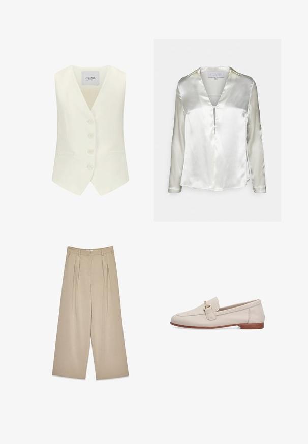 Witte mouwloze vest met een diepe V-hals, vijf knopen aan de voorkant, twee zijzakken en een getailleerde pasvorm, gemaakt van een gladde stof.; STUDIO ID ALYSSA - Blouse - champagne; Beige wijde broek met voorplooien, zijzakken, riemlussen en een verborgen sluiting aan de voorkant.; Beige leren loafer met lage houten hak en gouden metalen gespdetail aan de bovenkant.