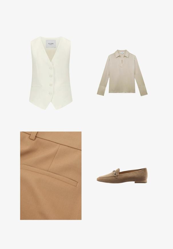 Witte mouwloze vest met een diepe V-hals, vijf knopen aan de voorkant, twee zijzakken en een getailleerde pasvorm, gemaakt van een gladde stof.; Beige blouse met lange mouwen, V-halskraag en knoopmanchetten, weergegeven op een witte achtergrond.; Close-up van beige stof met een horizontale bieszak en gestikte naaddetail op maat gemaakte kleding.; Tan suède instappers met een taps toelopend ontwerp, voorzien van een kleine accente van zilverkleurig hardware en een lage hak. Gladde textuur met minimale stiksels.
