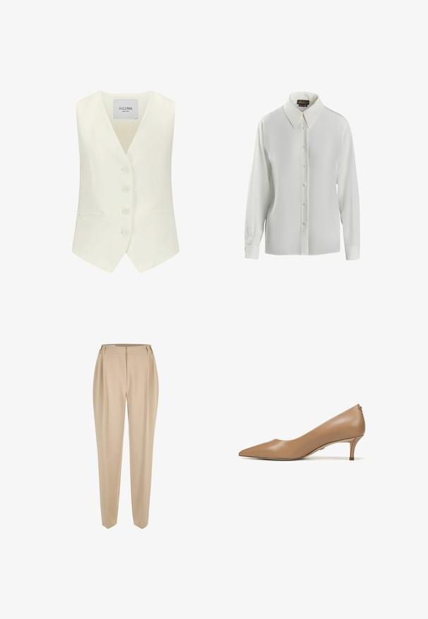 Witte mouwloze vest met een diepe V-hals, vijf knopen aan de voorkant, twee zijzakken en een getailleerde pasvorm, gemaakt van een gladde stof.; Luisa Spagnoli LIMONAIA - Overhemdblouse - panna; Beige op maat gemaakte rechte broek met riemlussen, voorrits en zijzakken, gepresenteerd op een witte achtergrond.; Beige leren pumps met een spitse neus en een lage smalle kittenheel op een witte achtergrond.
