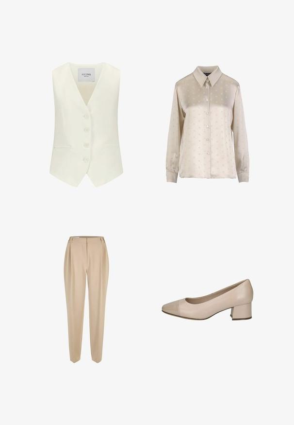 Witte mouwloze vest met een diepe V-hals, vijf knopen aan de voorkant, twee zijzakken en een getailleerde pasvorm, gemaakt van een gladde stof.; Lichtbeige satijnen overhemd met knopen, voorzien van een subtiel reliëfpatroon, lange mouwen en een klassieke kraagstijl.; Beige op maat gemaakte rechte broek met riemlussen, voorrits en zijzakken, gepresenteerd op een witte achtergrond.; Beige leren pump met een glanzende neus, ronde silhouette en een gematigde blokhak, voorzien van een soepele textuur en klassiek ontwerp.