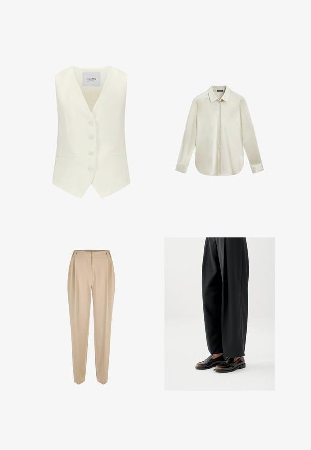 Witte mouwloze vest met een diepe V-hals, vijf knopen aan de voorkant, twee zijzakken en een getailleerde pasvorm, gemaakt van een gladde stof.; Crèmekleurig overhemd met lange mouwen, knoopsluiting, spitse kraag en afgeronde zoom, getoond tegen een witte achtergrond.; Beige op maat gemaakte rechte broek met riemlussen, voorrits en zijzakken, gepresenteerd op een witte achtergrond.; Zwarte loafers met een glanzende leren afwerking, voorzien van een decoratieve band over de bovenkant, gecombineerd met loszittende zwarte broeken.
