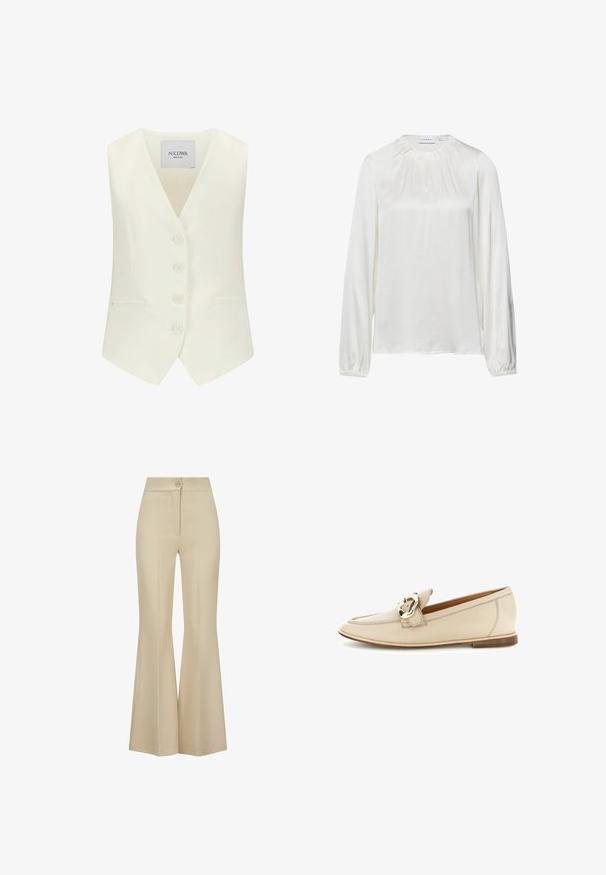 Witte mouwloze vest met een diepe V-hals, vijf knopen aan de voorkant, twee zijzakken en een getailleerde pasvorm, gemaakt van een gladde stof.; Witte blouse met lange mouwen van soepel stof, met een geplooide halslijn en elastische manchetten, met een iets losse pasvorm.; Beige damesbroek met hoge taille en wijde pijpen, voorzien van een knoopsluiting aan de voorkant en verticale naaddetails.; Beige leren loafer met een lage hak en gouden gespsluiting op het bovenwerk, afgebeeld tegen een witte achtergrond.