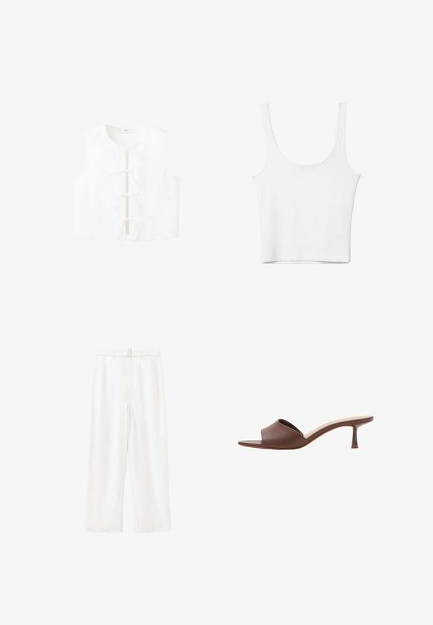 Blouse blanche sans manches avec broderie florale, encolure ronde et liens à l'avant pour la fermeture. Texture lisse avec une coupe décontractée.; Débardeur en coton blanc avec un décolleté arrondi, sans manches et ajusté. Texture lisse, design uni et détails de couture minimaux.; Pantalon blanc taille haute à jambes larges avec ceinture en tissu assortie et poches latérales, présenté sur un fond blanc uni.; Mule en cuir marron à bout ouvert, avec un talon kitten bas et fin et une semelle intérieure rembourrée, présentée sur fond blanc.
