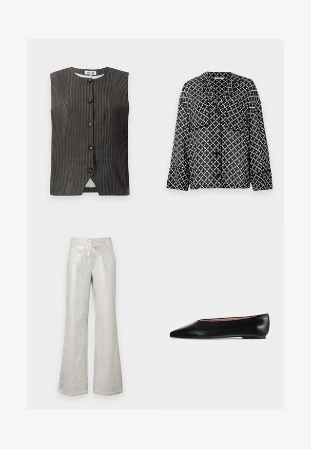 Ärmellose dunkelgraue Weste mit vertikalen Nadelstreifen, ausgestattet mit fünf Knöpfen auf der Vorderseite, einem runden Ausschnitt und glattem Stoff mit subtiler Eleganz.; Schwarzes und weißes gemustertes Hemd mit Kragen, Fronttaschen und Knöpfen. Es hat ein geometrisches Kreuzmuster auf leichtem Stoff.; Silberne Schlaghosen aus glänzendem Material, mit einem Knopfverschluss vorne, zwei Taschen und sichtbaren Nähten.; Schwarzer flacher Damenleder-Schuh mit spitzer Kappe und niedrigem Absatz, von der Seite auf einfarbigem hellgrauem Hintergrund gezeigt.
