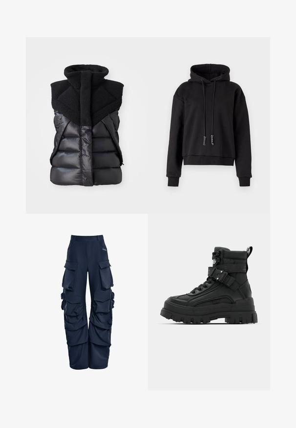 Must have väike must ilma varrukateta puff vest kõrge fliiskrae ja esi tõmbeperdega, mis ühendab läikiva ja tekstuuriga kangaste paneelid.; Mustmust pikkade varrukatega must crop-hoodie, mis on valmistatud pehmest kangast. Sellel on soonikkoes äärised allservas ja varrukatel, ning reguleeritav kapuuts.; Tumedad cargo-püksid mitme suure küljetaskuga, vabalt istuv ja kogutud kangaste detailidega külgedel. Valmistatud kergest materjalist.; Mustalased pahkluu saapad koos tekstuuriga ülemise osaga, jäme tallaga, nöörkinnitusega ees ja reguleeritava rihmaga, millel on logo detail. Kummist välistald, millel on väljendunud mustrijälg.