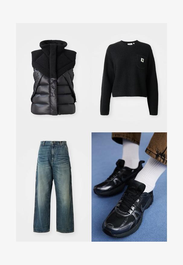 Schwarze ärmellose Steppweste mit hohem Fleece-Kragen und Frontreißverschluss, kombiniert glänzende und strukturierte Stoffpaneele.; Schwarzer gerippter Strickpullover mit rundem Ausschnitt, langen Ärmeln und einer Fronttasche mit einem kleinen Logopatch. Verkürzte Länge.; Weite Denim-Jeans in einem ausgewaschenen Blauton. Verfügbar mit einem Knopfverschluss, fünf Taschen und sichtbaren Nähten. Das Material hat eine glatte Textur.; Schwarze Nike-Sneaker aus Mesh und synthetischem Material mit strukturierter Oberseite, schwarzen Schnürsenkeln und strapazierfähigen Gummisohlen. Weiße, gerippte Socken sind sichtbar.