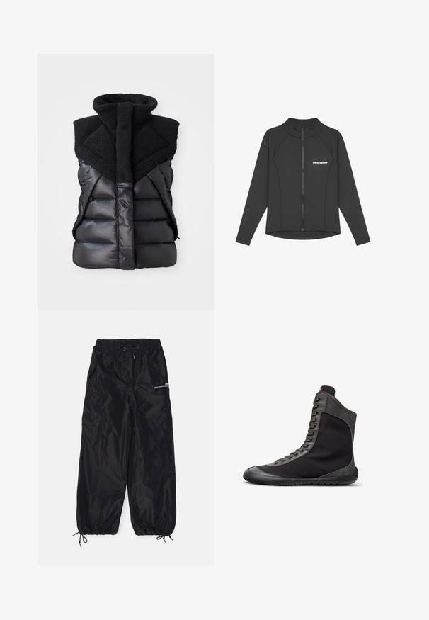 Must have väike must ilma varrukateta puff vest kõrge fliiskrae ja esi tõmbeperdega, mis ühendab läikiva ja tekstuuriga kangaste paneelid.; Musthave mustika pika esitlus jope, tehtud siledast ja venivast materjalist. Omab kõrget kaelust ja "PEGADOR" logo vasakul rinnal.; Mustad mustad püksid, valmistatud läikivast nailonist, elastse talje, reguleeritava nööriga, küljetaskutega ja elastsete mansettidega.; Mustad kõrge säärega toss halli seemisnahkse viimistlusega, ees paelustega ja tasase kummist tallaga, kujutatud parempoolses profiilis valgel taustal.