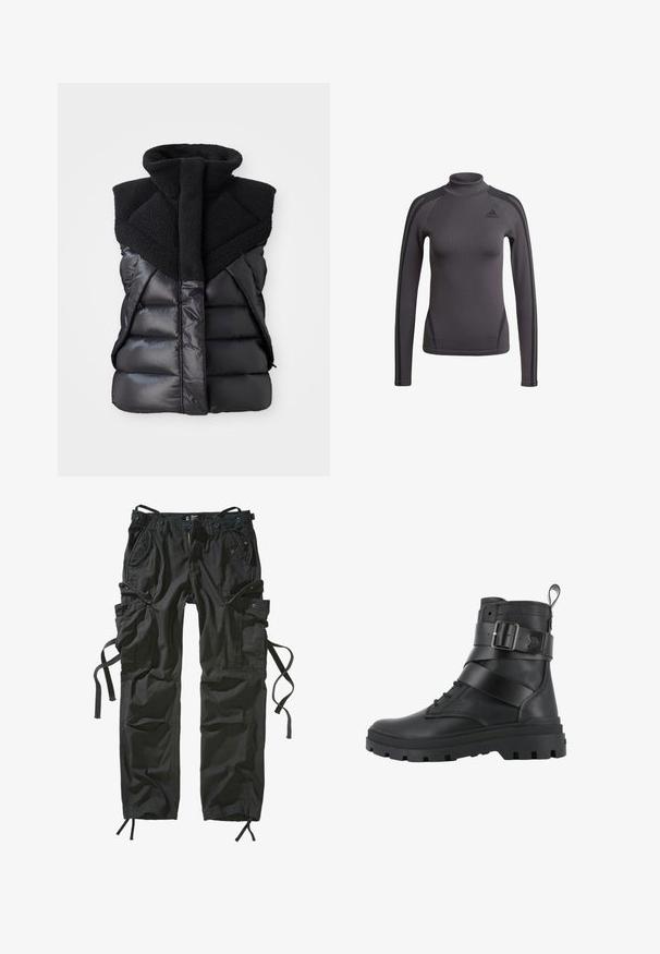 Chaleco sin mangas acolchado negro con alto cuello de forro polar y cierre frontal, que combina paneles de tela brillantes y texturizados.; Top gris de manga larga con un cuello alto, que presenta un tejido texturizado y franjas negras decorativas en los hombros, con un logo de Adidas en el pecho.; Pantalones cargo negros hechos de un tejido ligero, con múltiples bolsillos, laterales ajustables con cordón y un ajuste relajado con costuras reforzadas.; Palladium Botines camperos - black