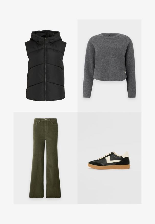 Sort, ærmeløs dunvest med hætte, der har zigzag-syninger og en lynlås foran. Blød, quiltet tekstur. Letvægtsdesign.; Grå strikket sweater med lange ærmer, rund hals og dekorative knapper på siden. Blød tekstur og cropped design.; Olivengrønne fløjl bukser med flared ben, glat tekstur, for- lommer og metalknaplukning i taljen.; Sorte ruskinds- og lædersneakers med en cremefarvet side-swoosh og lys cremefarvet hæl. Har beige snørebånd og en gummirubber-sål.