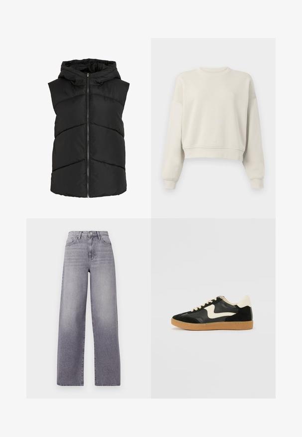 Sort, ærmeløs dunvest med hætte, der har zigzag-syninger og en lynlås foran. Blød, quiltet tekstur. Letvægtsdesign.; Lys beige cropped sweatshirt med lange ærmer, ribbet krave og manchetter, blød stofstruktur, minimalistisk design, ingen synlige mønstre eller accenter.; Højtaljede, vide jeans i lysegrå denim. Har et klassisk fem-lomme design, diskret fading og en metalknaplukning.; Sorte ruskinds- og lædersneakers med en cremefarvet side-swoosh og lys cremefarvet hæl. Har beige snørebånd og en gummirubber-sål.