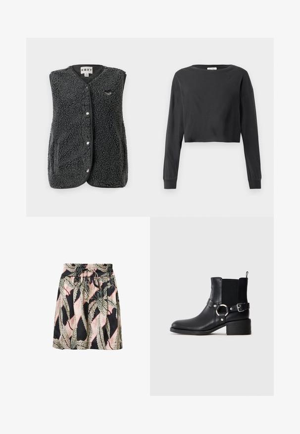 Gilet sans manches en polaire sherpa gris foncé avec des boutons-pression à l'avant, des poches latérales et un petit logo brodé sur la poitrine.; T-shirt noir à manches longues cropped avec un col rond et des poignets côtelés sur fond blanc.; Jupe à imprimé floral avec un fond noir, taille élastique, détail à cordon de serrage et texture légère et douce.; Bottine en cuir noir avec boucles latérales et détail en anneau, panneau latéral élastique, petit talon carré et languette de tirage sur fond uni.