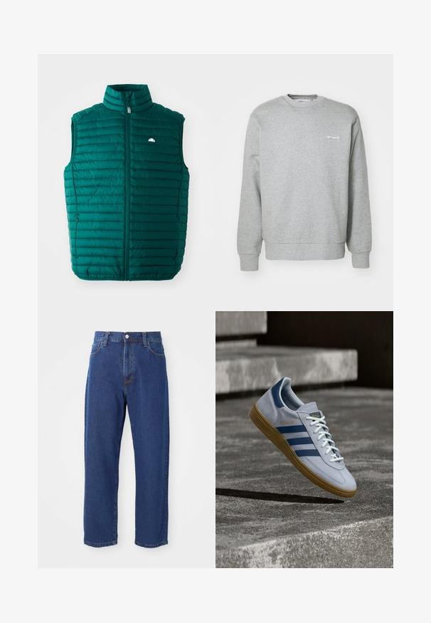 Teal puffer vest med høj krave, lynlåslukning foran og vandret quiltet design. Har et lille hvidt logo øverst til venstre.; Grå bomulds sweatshirts med rund halsudskæring, lange ærmer, ribbede manchetter og et lille hvidt logo på venstre bryst. Blød tekstur.; Høj taljede blå jeans i denim, med lige ben silhuet, synlige stikninger og en frontknaplukning.; Lyseblå Adidas Spezial sneakers med marineblå striber og gummisål, vist i luften over betontrapper i et neutralt udendørsmiljø.