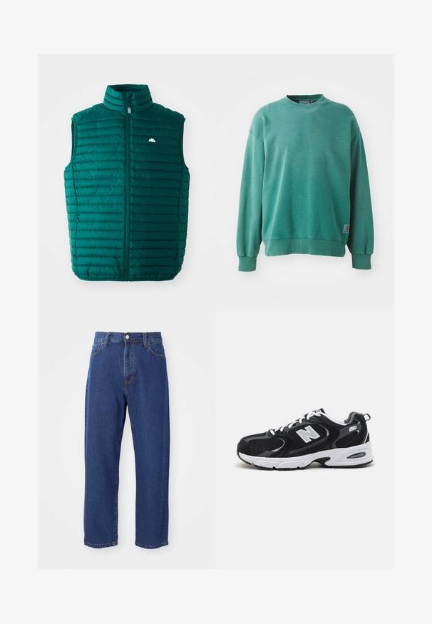 Teal groene puffer vest met een hoge kraag, rits aan de voorkant en horizontaal gestikte ontwerp. Heeft een klein wit logo aan de bovenlinkerkant.; Groene crewneck sweatshirt van een katoenmix. Voorzien van ribgebreide mouwen en zoom, een relaxte pasvorm en een klein logo-label aan de onderzijde aan de linkerzijde.; Hoge taille blauwe jeans van denim, met een rechte pijp silhouet, zichtbare stiksels en een sluiting met een voorknoop.; Zwarte en grijze sport schoenen met een bovenwerk van mesh en suede, voorzien van een witte tussenzool, veters en een gedurfde "N"-logo aan de zijkant.