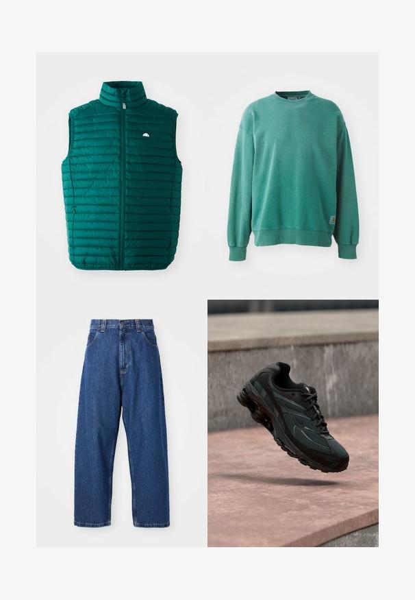 Teal puffer vest med høj krave, lynlåslukning foran og vandret quiltet design. Har et lille hvidt logo øverst til venstre.; Grøn crewneck sweatshirt lavet af bomuldsblanding. Har ribbede manchetter og kant, afslappet pasform og et lille logo-tag på den nederste venstre side.; Denimwide-leg jeans i mørkeblå. Har høj talje, bæltestropper og klassisk fem-lommers design. Syet kant med en ren finish.; Sort atletisk sneaker med synligt luftdæmpende mellemsål, der svæver over en pink stenoverflade med en grå stenvæg i baggrunden.